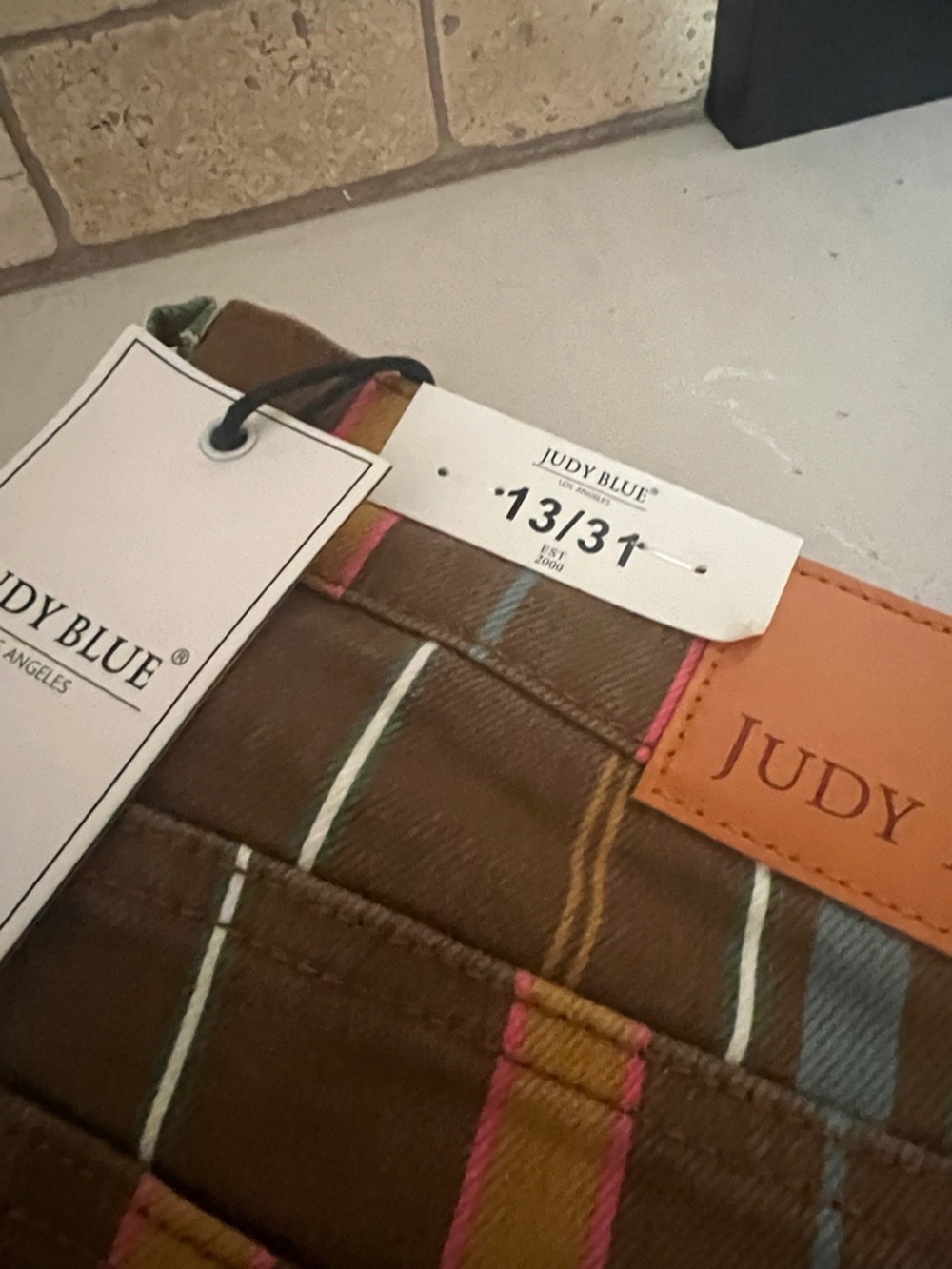 Judy Blue Brown jeans with Pink, Blue & Tan Pinstripes - Picture 2 of 5
